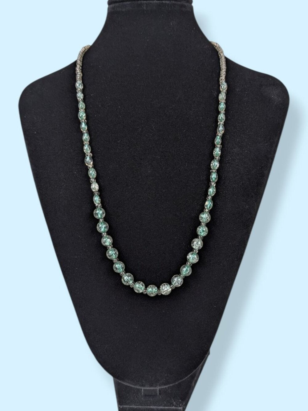 Graduated Green-Blue Crackle Glass Beaded Necklace